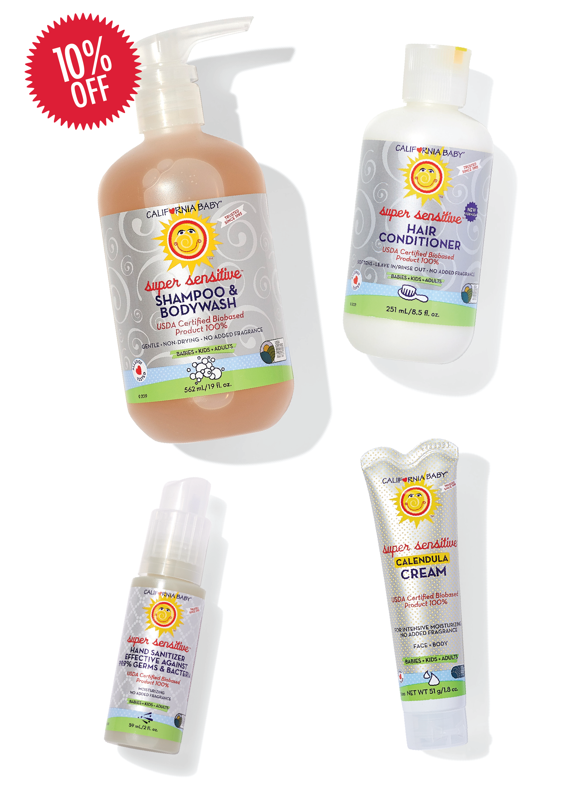 Set of California Baby products including shampoo, bodywash, hair conditioner, and cream on a white background with a 10% off label. California Baby Super Sensitive Bath Essentials Bundle | Fragrance-Free Baby Shampoo, Body Wash, Conditioner, Calendula Cream, Lotion & Hand Sanitizer