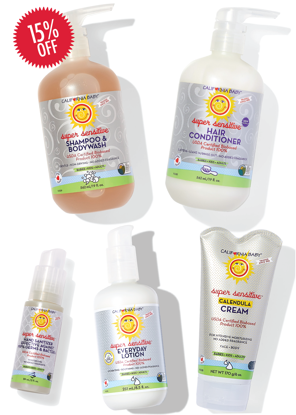 Collection of California Baby products including shampoo, body wash, conditioner, lotion, and cream with a 15% off label. California Baby Super Sensitive Bath Essentials Bundle | Fragrance-Free Baby Shampoo, Body Wash, Conditioner, Calendula Cream, Lotion & Hand Sanitizer