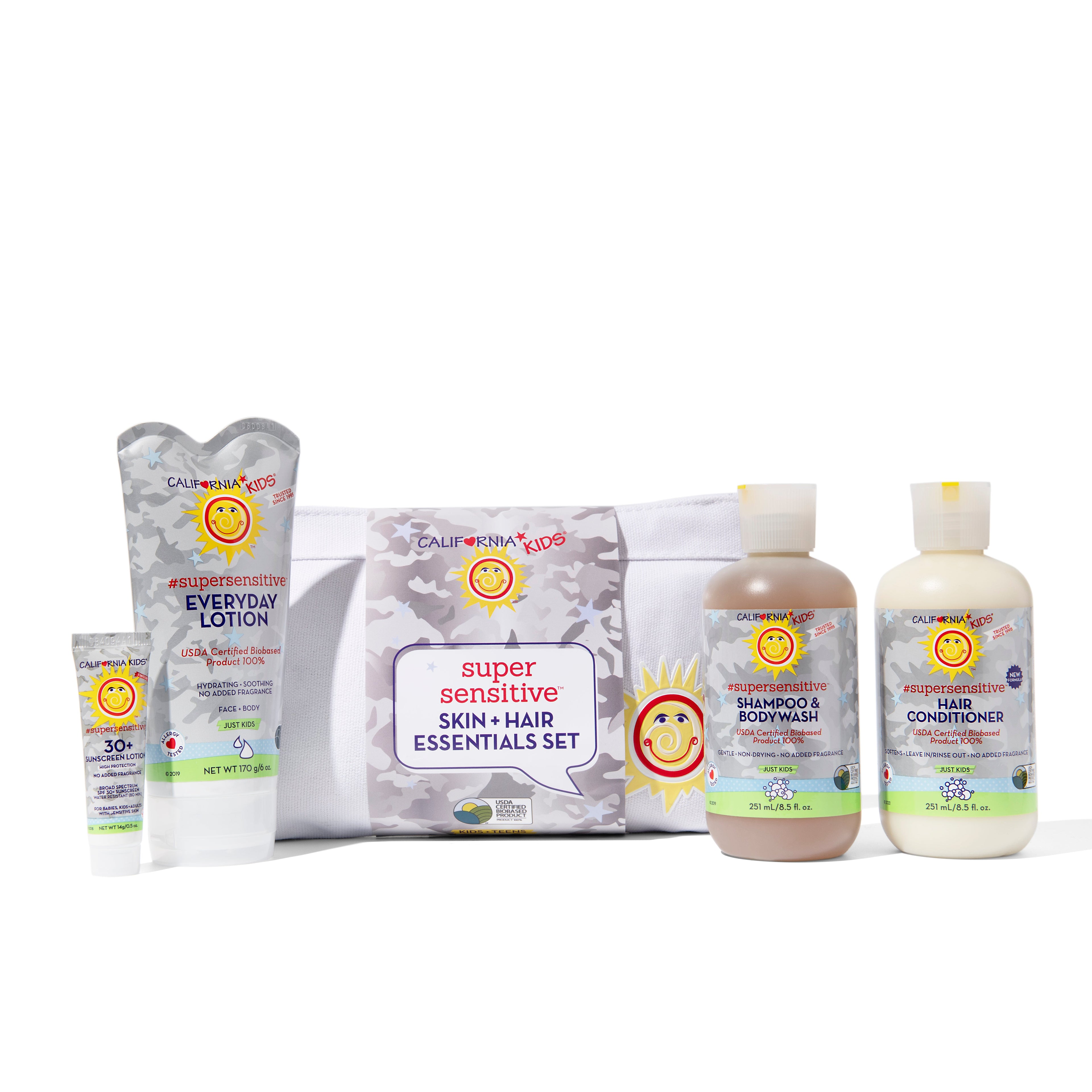 Collection of Calendula Kids skincare products on a white background California Kids® Super Sensitive Essentials Set for Kids & Teens | Gentle Fragrance-Free Skin & Hair Care Gift Set