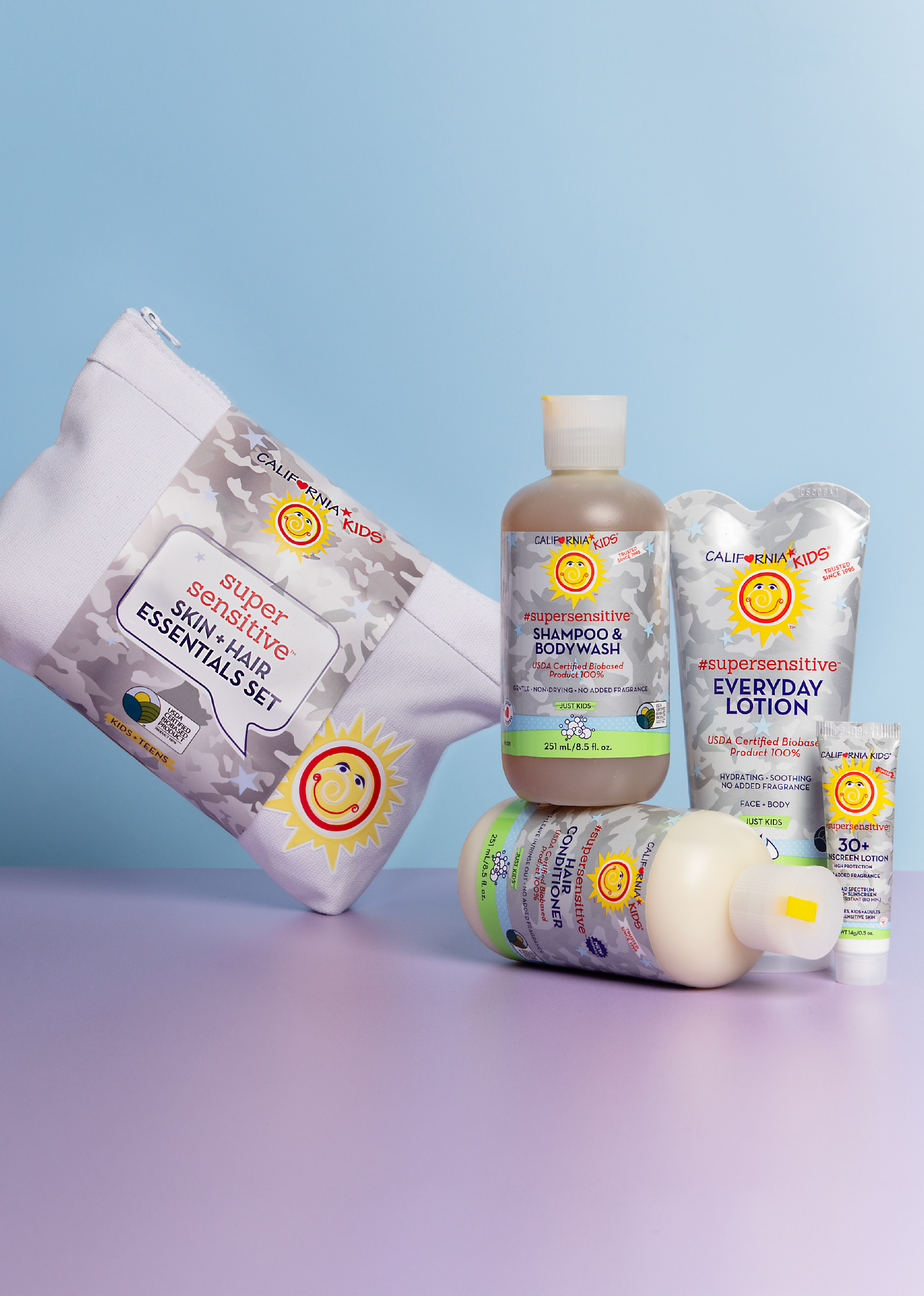 Collection of Calming Kids products including shampoo, bodywash, lotion, and wipes on a light blue background. California Kids® Super Sensitive Essentials Set for Kids & Teens | Gentle Fragrance-Free Skin & Hair Care Gift Set