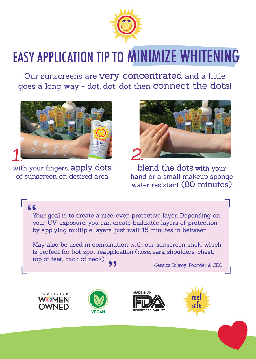 Sunscreen application tip flyer with text and images of sunscreen bottles and hands applying sunscreen. California Kids® #supersensitive™ Broad Spectrum SPF 30+ Sunscreen