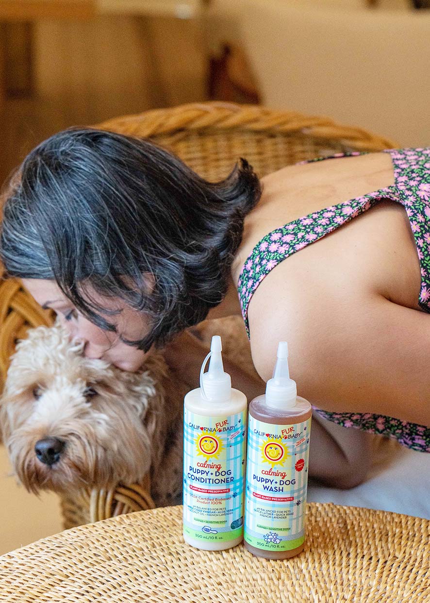 Golden retriever resting beside two bottles of California Baby Calming™ Puppy + Dog Wash and Conditioner on a woven table while a person leans down to cuddle the dog. Vegan pet grooming gift set for puppies and dogs.