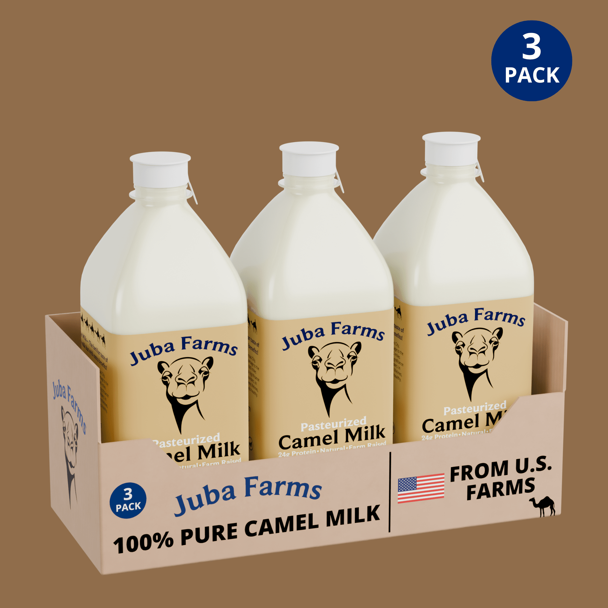 Three 1-liter bottles of Juba Farms 100% pure lightly pasteurized camel milk in a 3-pack display box, sourced from U.S. farms, product packaging image.