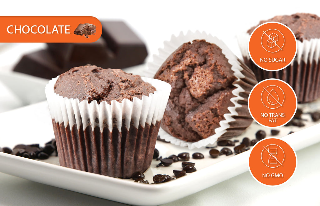 Chocolate low-carb, sugar-free muffins displayed on a white serving plate with chocolate pieces and chocolate chips. Highlighted product benefits include: No Sugar, No Trans Fat, and Non-GMO, making these rich, moist chocolate muffins an appealing choice for health-conscious snack lovers and low-carb lifestyles.