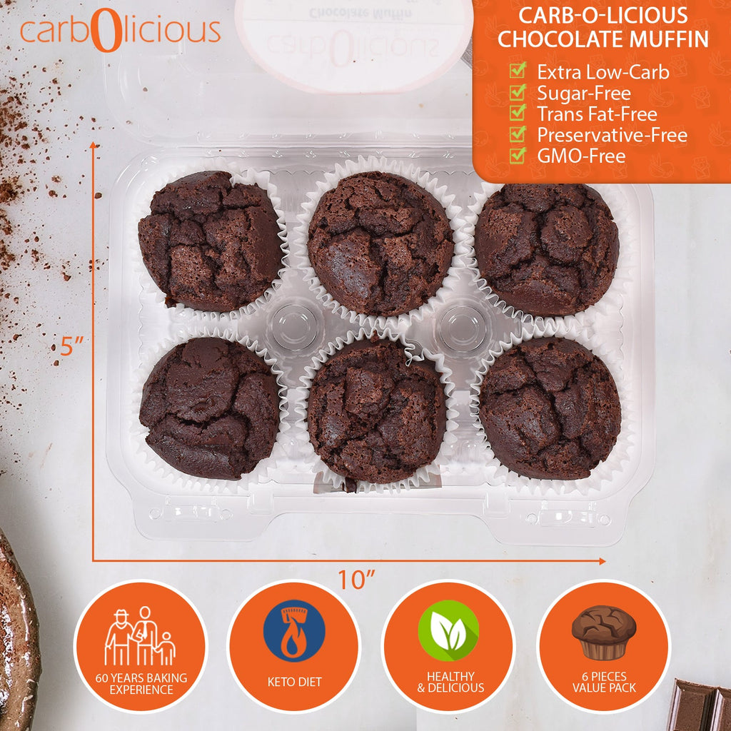 Box of six Carbolicious low-carb, sugar-free chocolate muffins in a clear bakery container with product label highlighting extra low-carb, sugar-free, trans fat-free, preservative-free, and GMO-free features, plus keto-friendly icons and 3g net carbs per muffin.