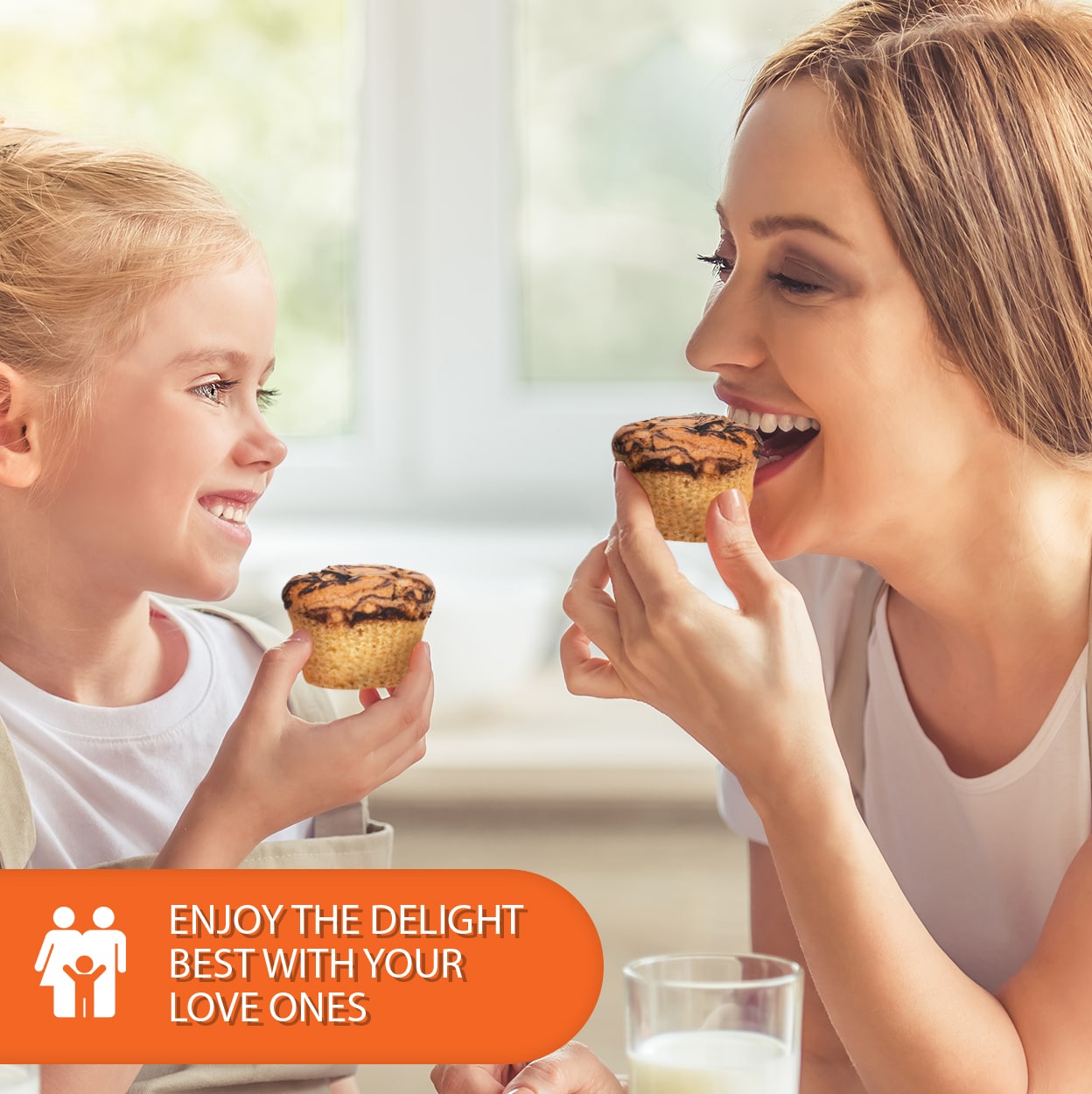 Mother and young child smiling while enjoying chocolate marble muffins together at a breakfast table, celebrating family moments, low-carb baking, and sugar-free treats.