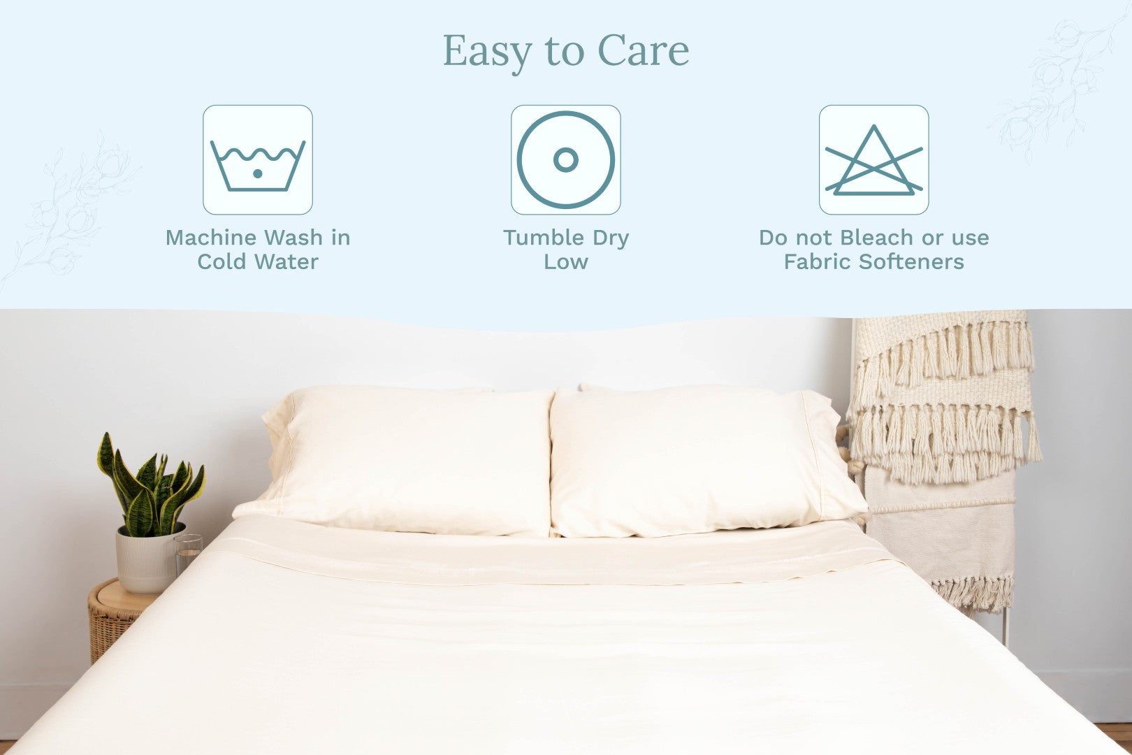 Bedding set with care instructions displayed on a light blue background. Organic Sateen Bed Sheets Set