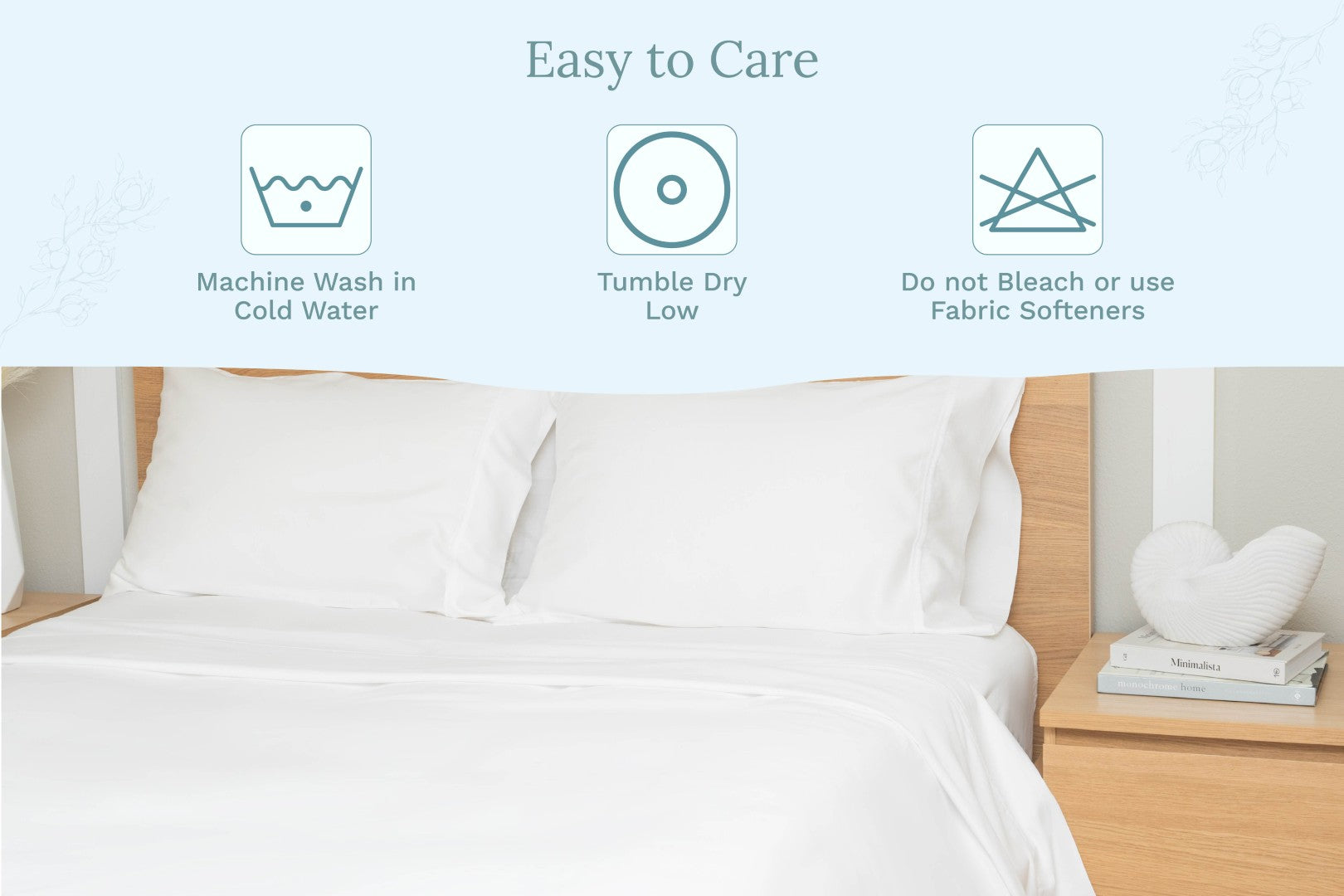 Bed with white bedding and pillows, featuring washing instructions on a light blue background. Organic Sateen Bed Sheets Set