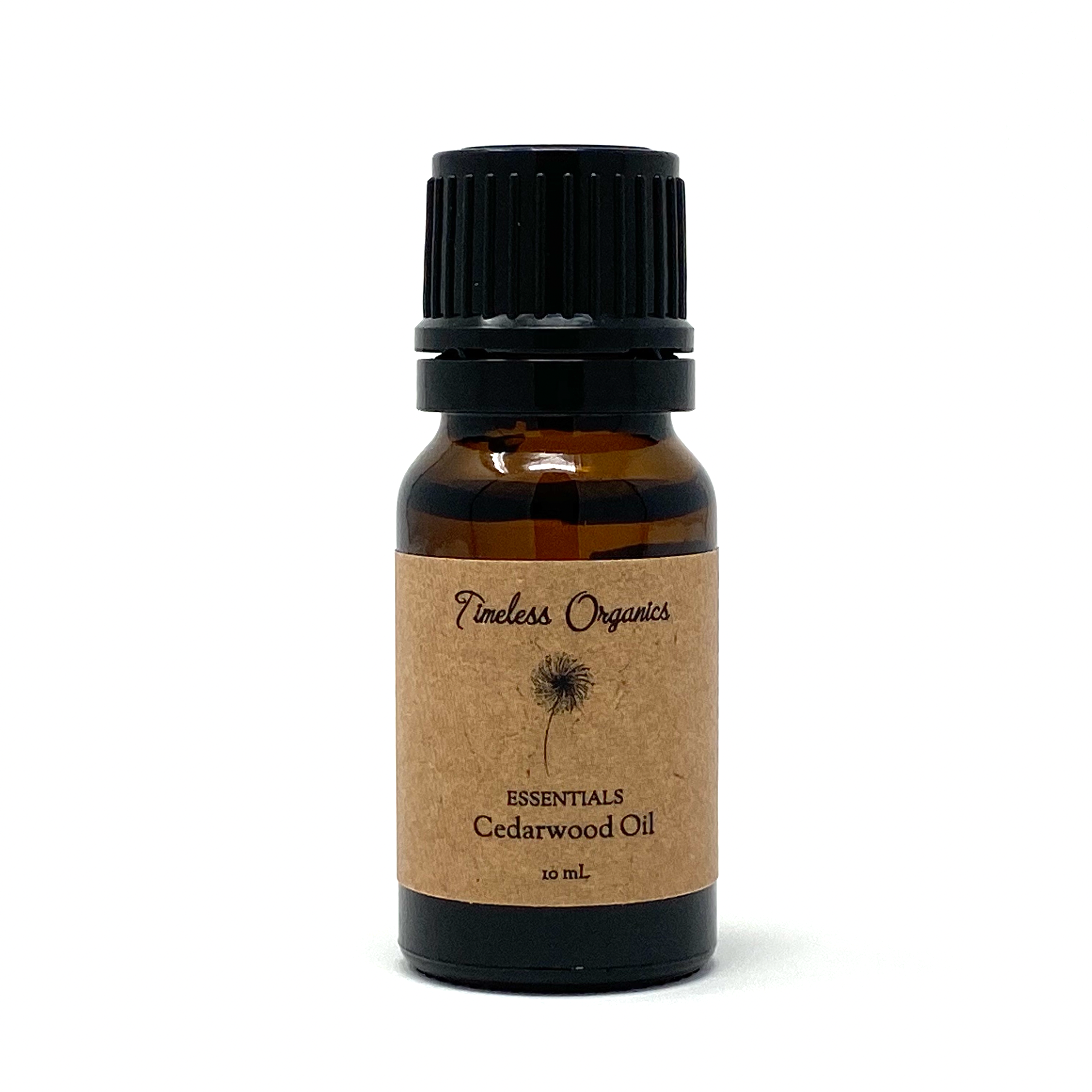Bottle of Timeless Organics Cedarwood Oil on a white background