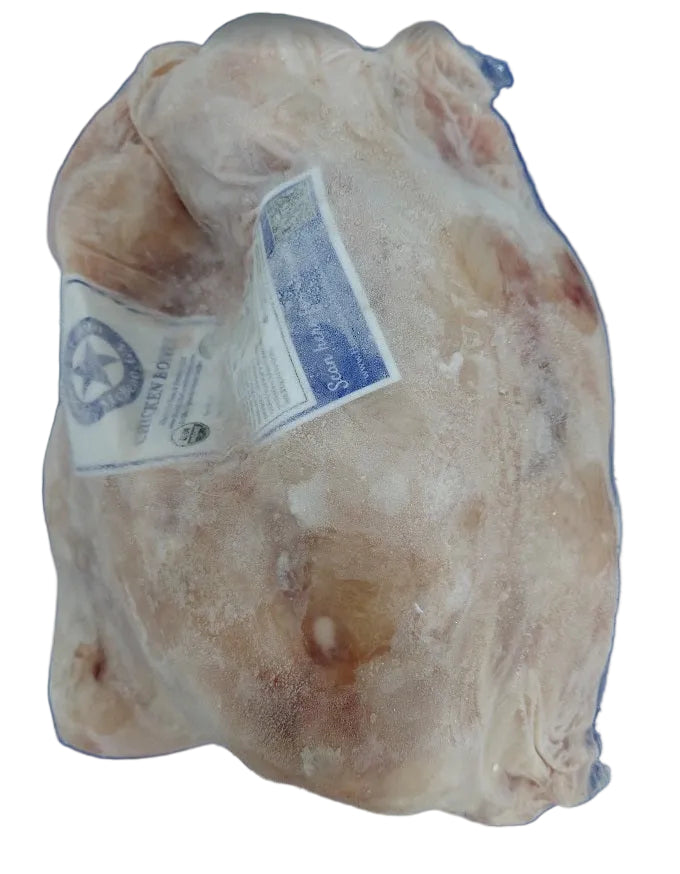 Certified Organic Chicken Broth Bones in frozen packaging from Hendricks Farm & Hatchery on a white background. Non-GMO, soy-free, non-medicated chicken bones for making homemade bone broth and stock.