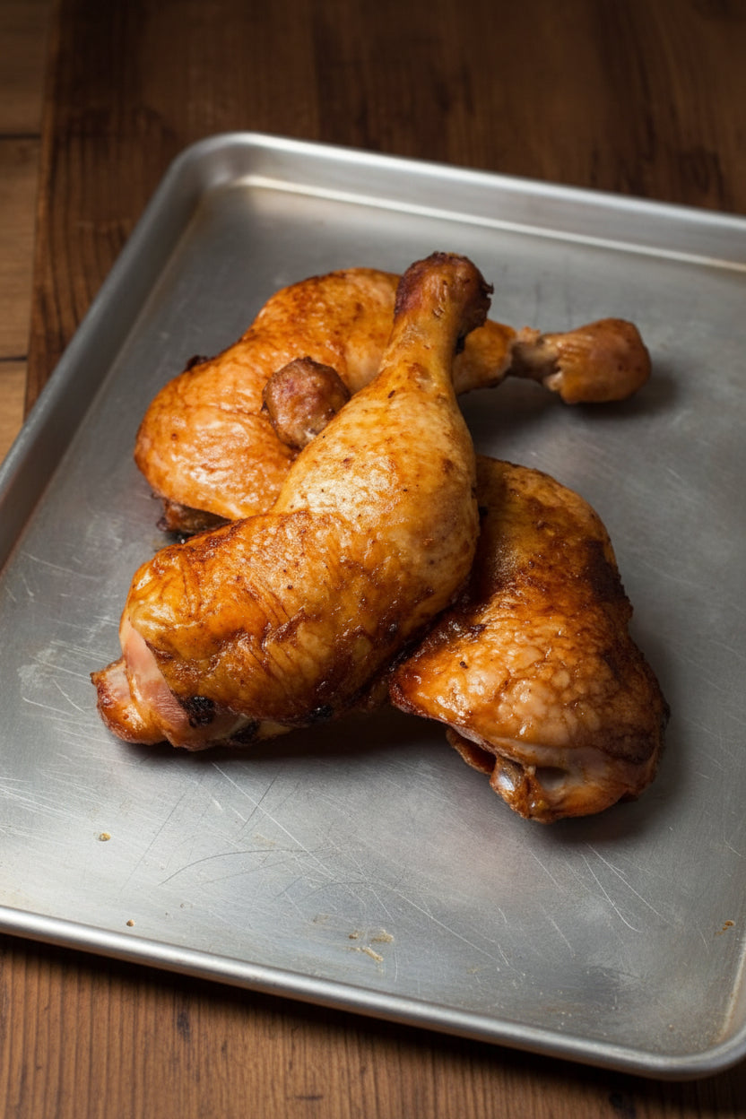 Three roasted chicken legs with crispy golden-brown skin arranged on a metal baking sheet over a wooden surface, showcasing cooked organic pasture-raised chicken leg quarters.