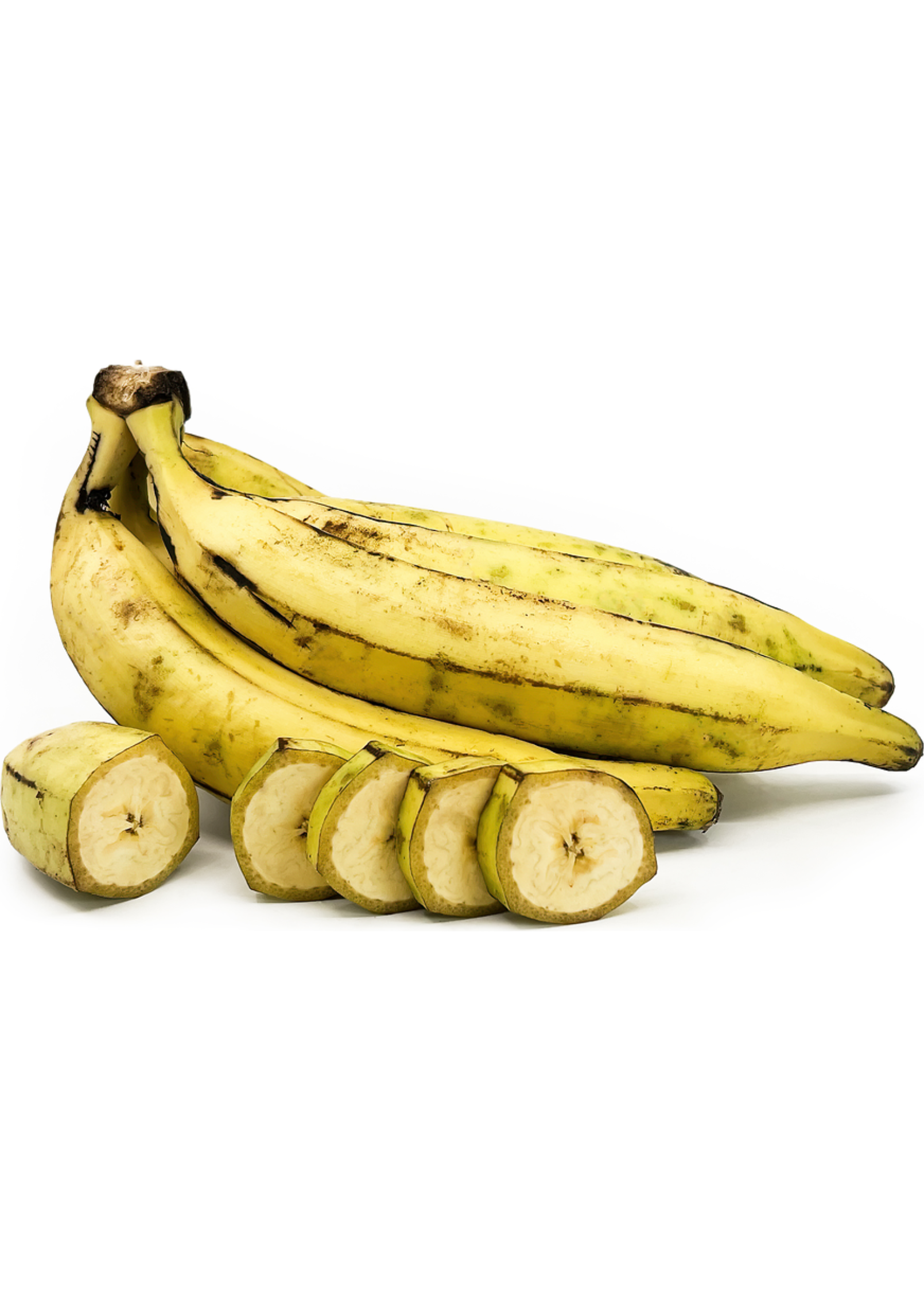 Changalikodan Nendran Indian banana fruits with several sliced bananas displayed on a white background, showcasing the distinctive shape and flesh of this tropical variety.