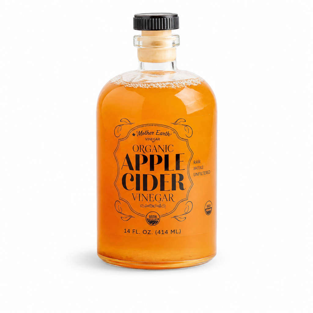Mother Earth Organic Apple Cider Vinegar With The Mother – 14 oz Glass Apothecary Bottle