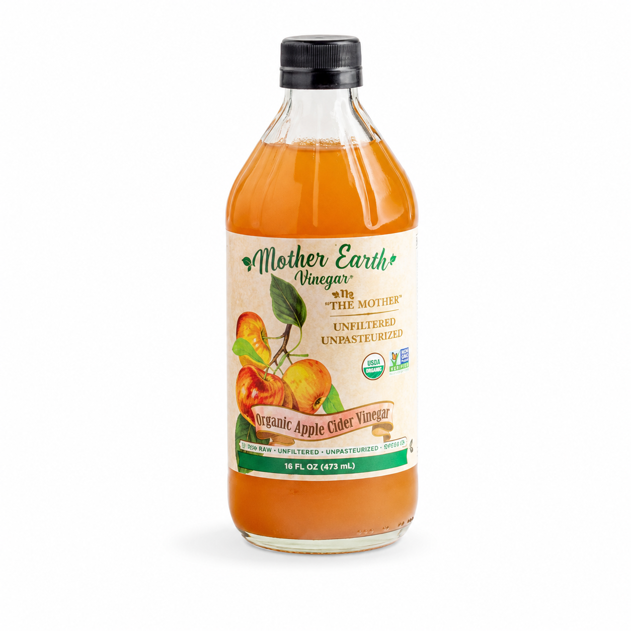 Mother Earth Organic Apple Cider Vinegar With The Mother – 16 oz Glass Bottle