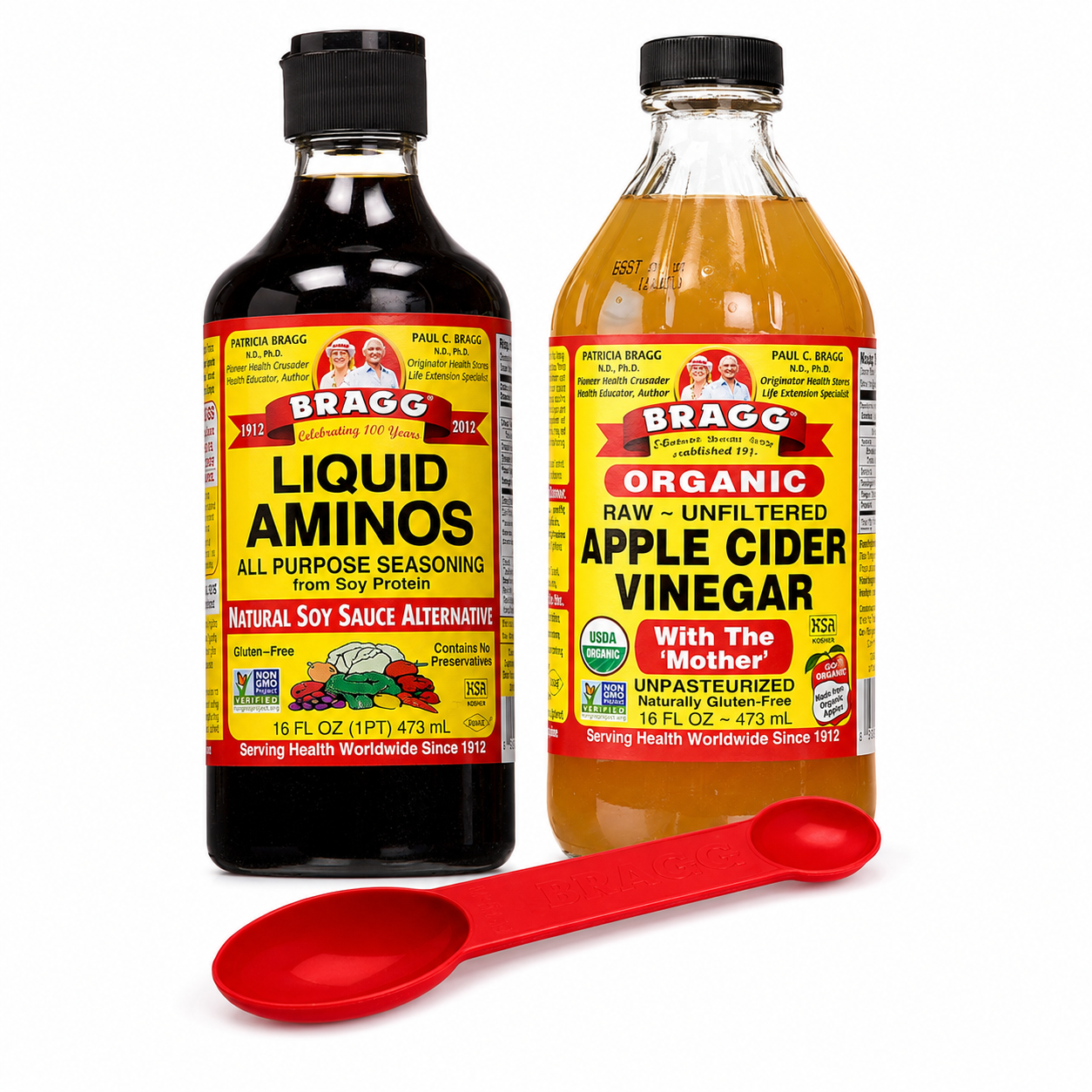 Bragg Liquid Aminos & Organic Apple Cider Vinegar Variety Pack – 16 oz Each with Measuring Spoon