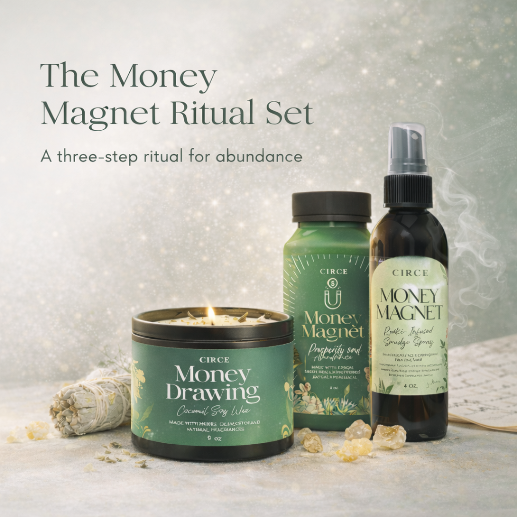 Circe Money Magnet Ritual Set with Money Drawing candle, prosperity smudge spray and abundance bath salts for wealth, abundance, manifestation and spiritual rituals