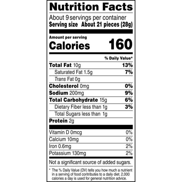 Nutrition facts label for a product with detailed calorie and ingredient information. Cheetos Cheddar Jalapeño Crunchy Cheese Flavored Snacks