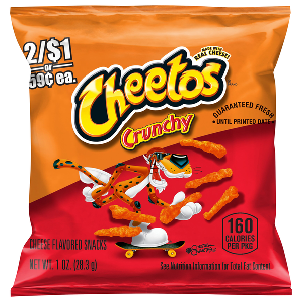Cheetos Cheese Flavored Snacks, Crunchy - 1 oz, Single Serve Cheese Corn Snack, Crunchy Corn Puffs, Grab & Go Lunch Snack, Party Snack, Frito-Lay Cheetos, Orange Cheese Snack Bag