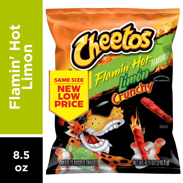 Cheetos Flamin' Hot Limon Crunchy snack bag with branding and product details. Cheetos Crunchy Flamin Hot Limon Cheese Flavored Corn Snacks 8.5 oz bag