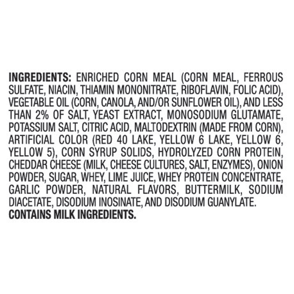 List of ingredients on a white background. Cheetos Crunchy Flamin Hot Limon Cheese Flavored Corn Snacks 8.5 oz bag ingredients label
