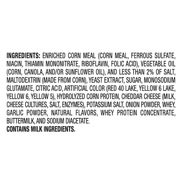 Close-up of the ingredient list printed on the back of a **Cheetos Crunchy XXTRA Flamin' Hot Cheese Flavored Snacks 8.5 oz** bag, showing allergens, nutritional ingredients, and food additives on a white background.