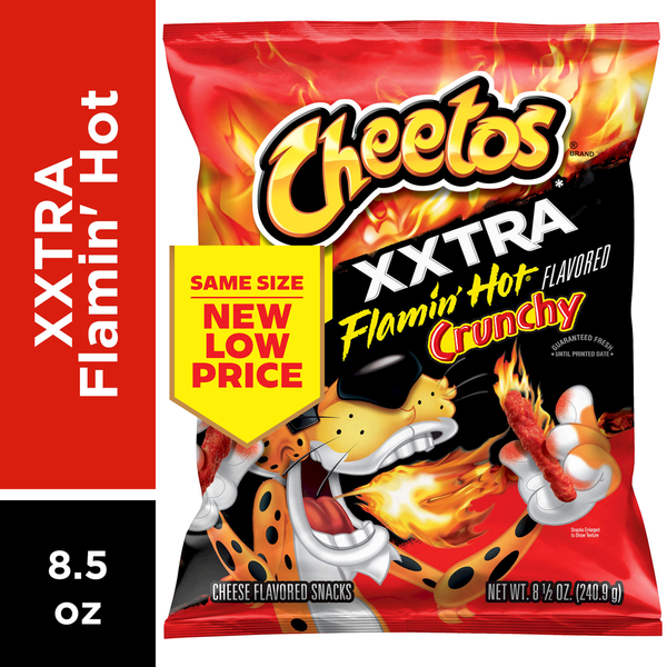 Cheetos Crunchy XXTRA Flamin' Hot Cheese Flavored Snacks 8.5 oz bag featuring spicy crunchy corn snacks in a red package with Chester Cheetah mascot and promotional "Same Size, New Low Price" badge.