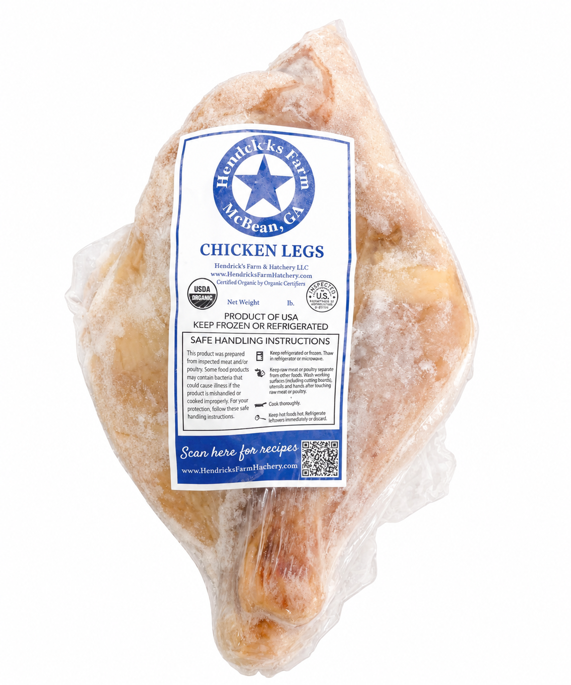 A package of Hendricks Farm Certified Organic Chicken Leg Quarters in a clear vacuum-sealed bag with a blue and white product label, isolated on a white background. Bone-in chicken leg quarters (drumstick and thigh), pasture-raised, non-GMO and soy-free, air-chilled, flash-frozen, with no added water.