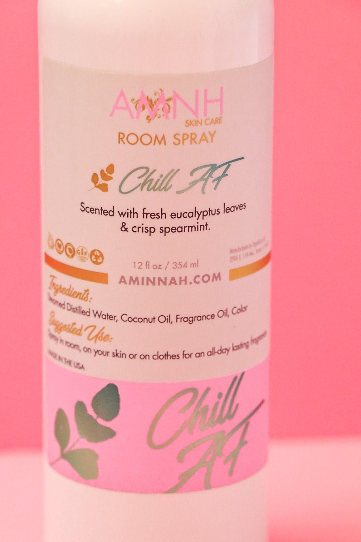 Chill AF Room Spray bottle featuring eucalyptus and spearmint natural fragrance in a 12 oz spray bottle by Aminnah, a female-owned clean beauty brand.