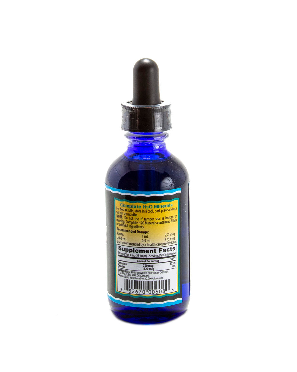 Blue glass bottle with dropper labeled 'Supplement Facts' on a white background