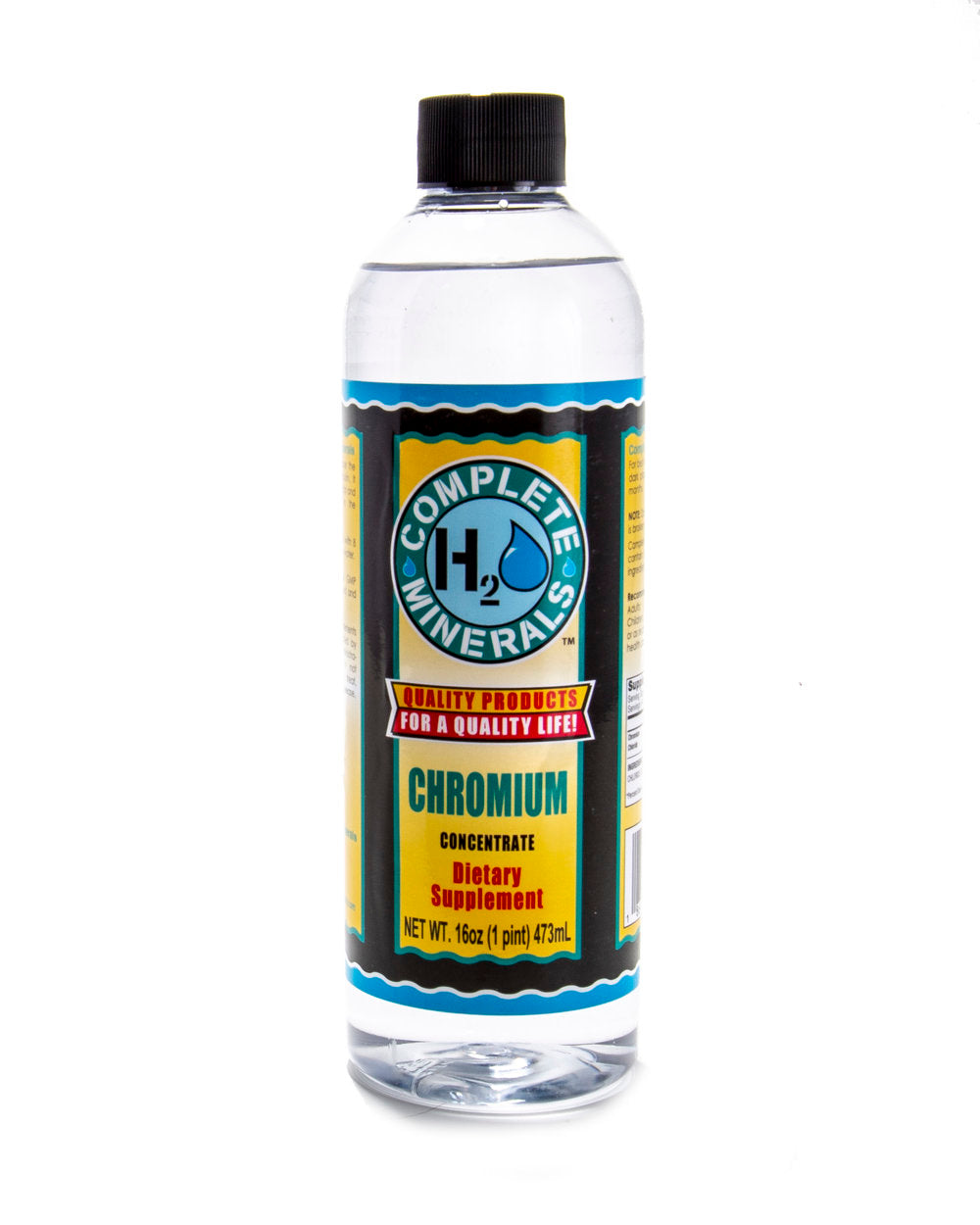 Bottle of Complete H2O Minerals Chromium Concentrate dietary supplement on a white background