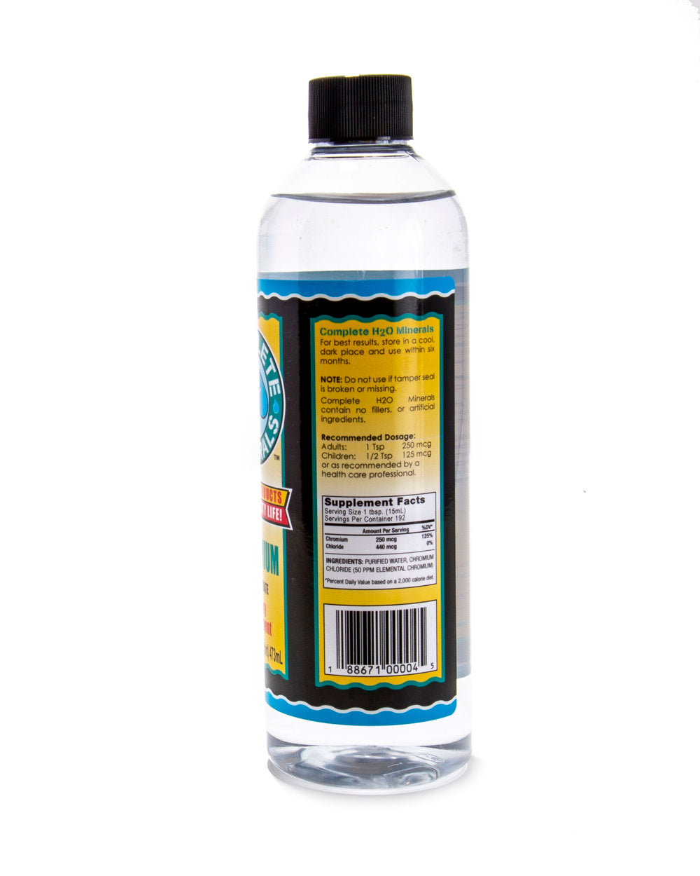 Clear bottle with a black cap and label on a white background