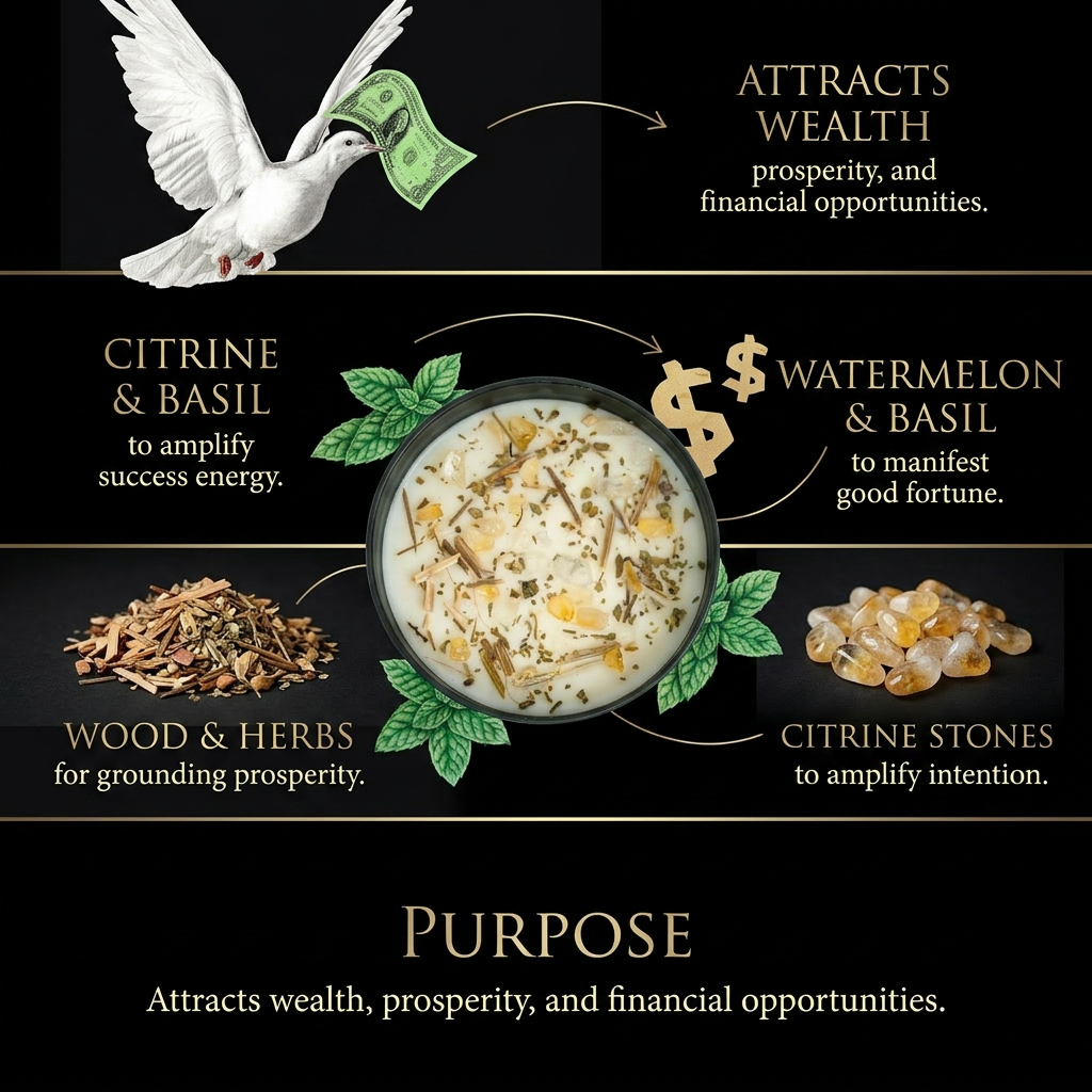 Money Drawing Prosperity Candle with citrine stones, basil, herbs and wealth manifestation symbols for abundance, success and financial opportunities