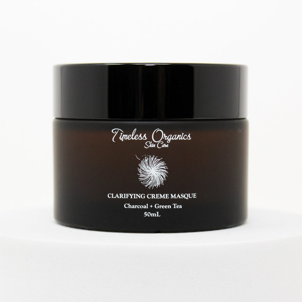 Black jar of Timeless Organics Clarifying Crème Masque on a white background