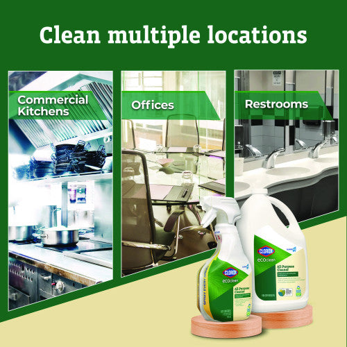 Two bottles of Clorox cleaning products with images of commercial kitchens, offices, and restrooms on a green and beige background.