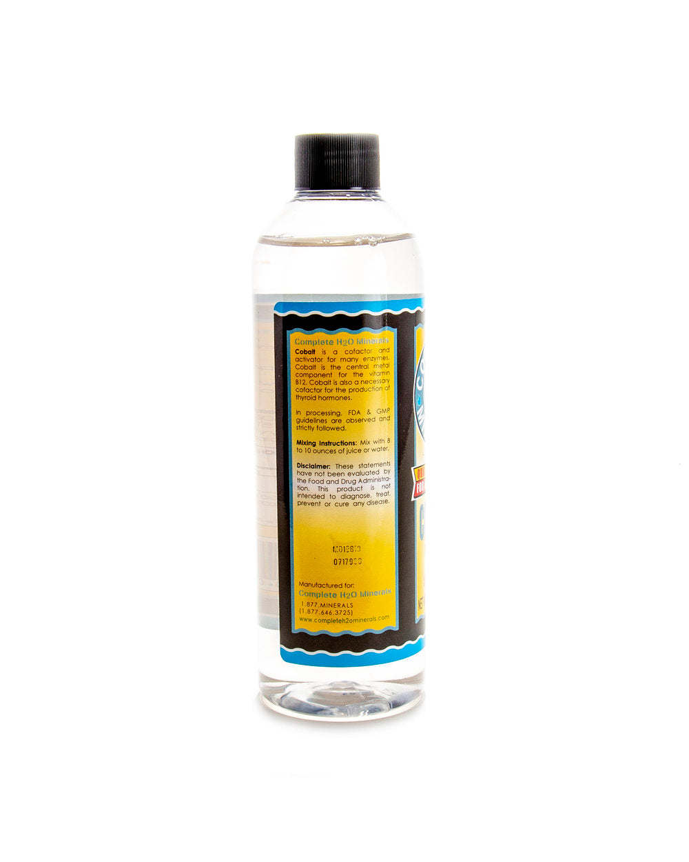Clear bottle with a black cap and colorful label on a white background