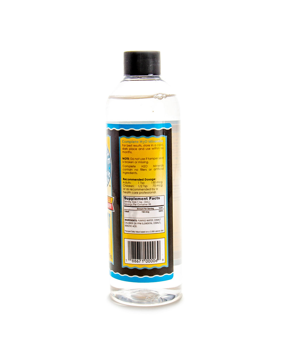 Clear bottle with a black cap and label on a white background