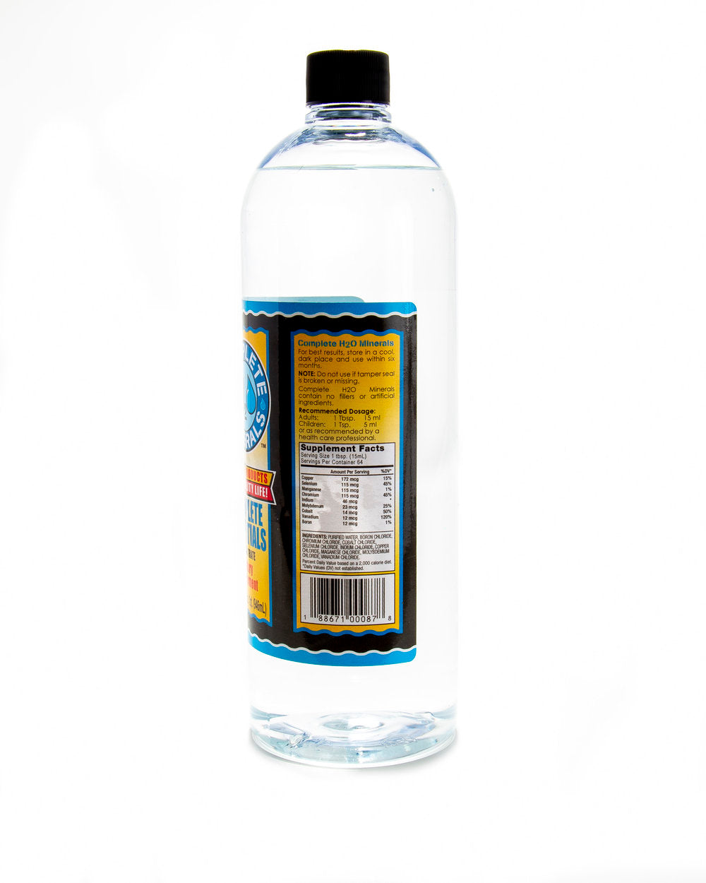 Clear bottle with a label on a white background. Bottle of Complete Essentials supplement with a black cap on a white background. Includes: Copper – 172 mcg (15% DV)
Selenium – 115 mcg (45% DV)
Manganese – 115 mcg (1% DV)
Chromium – 115 mcg (45% DV)
Indium – 46 mcg (+)
Molybdenum – 23 mcg (25% DV)
Cobalt – 14 mcg (50% DV)
Vanadium – 12 mcg (120% DV)
Boron – 12 mcg (1% DV)