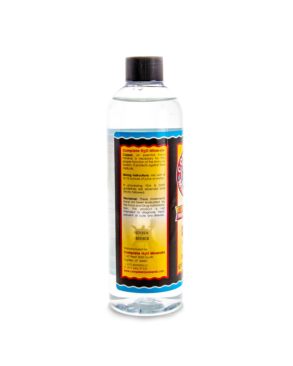 Clear bottle with a colorful label on a white background
