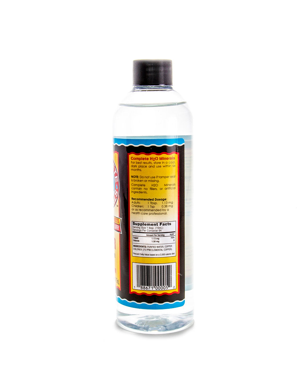 Clear bottle with a colorful label on a white background