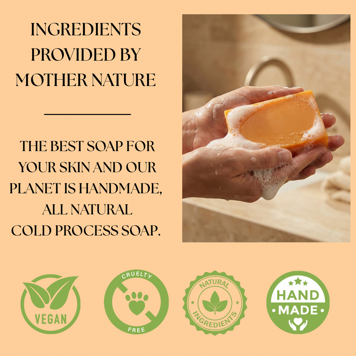 Handmade all natural cold process soap with a person holding it, set against a beige background with text and icons.