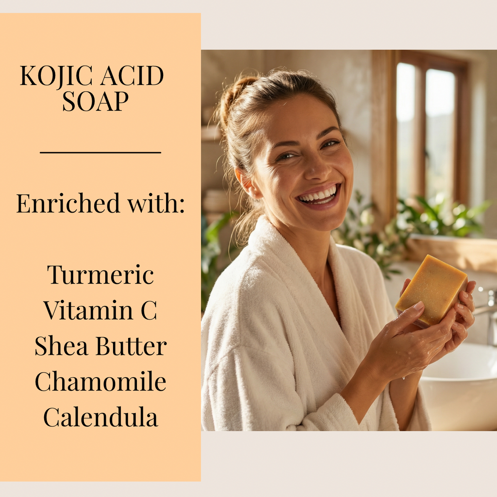 Woman holding a bar of soap with text about kojic acid soap ingredients.
