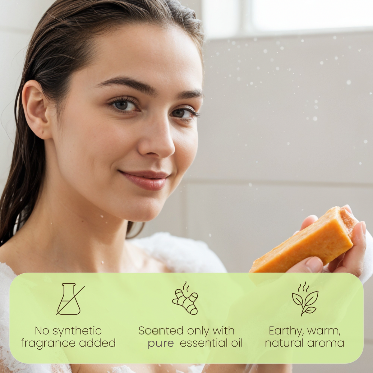Woman holding a bar of soap with product features displayed below.