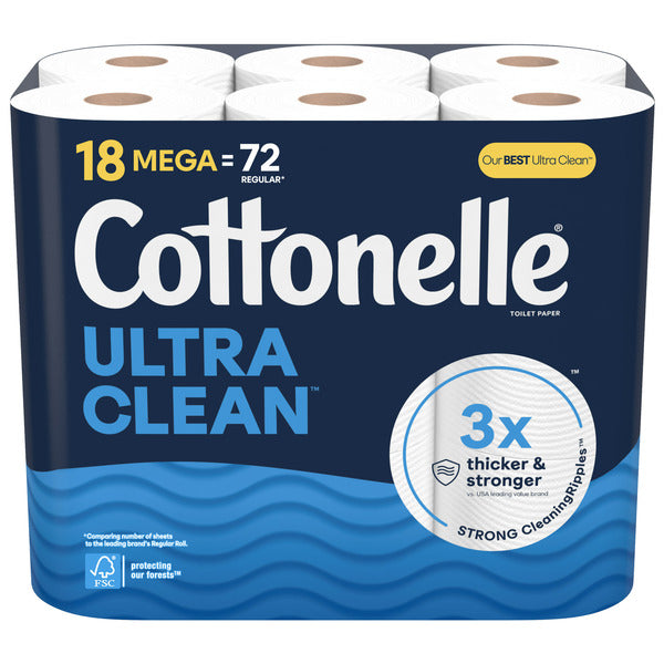 Cottonelle Ultra Clean Strong Toilet Paper, 18 Mega Rolls (72 Regular Rolls), packaging with blue and white design. Features 3X thicker and stronger bath tissue, soft, septic-safe, and equivalent to 72 regular rolls.