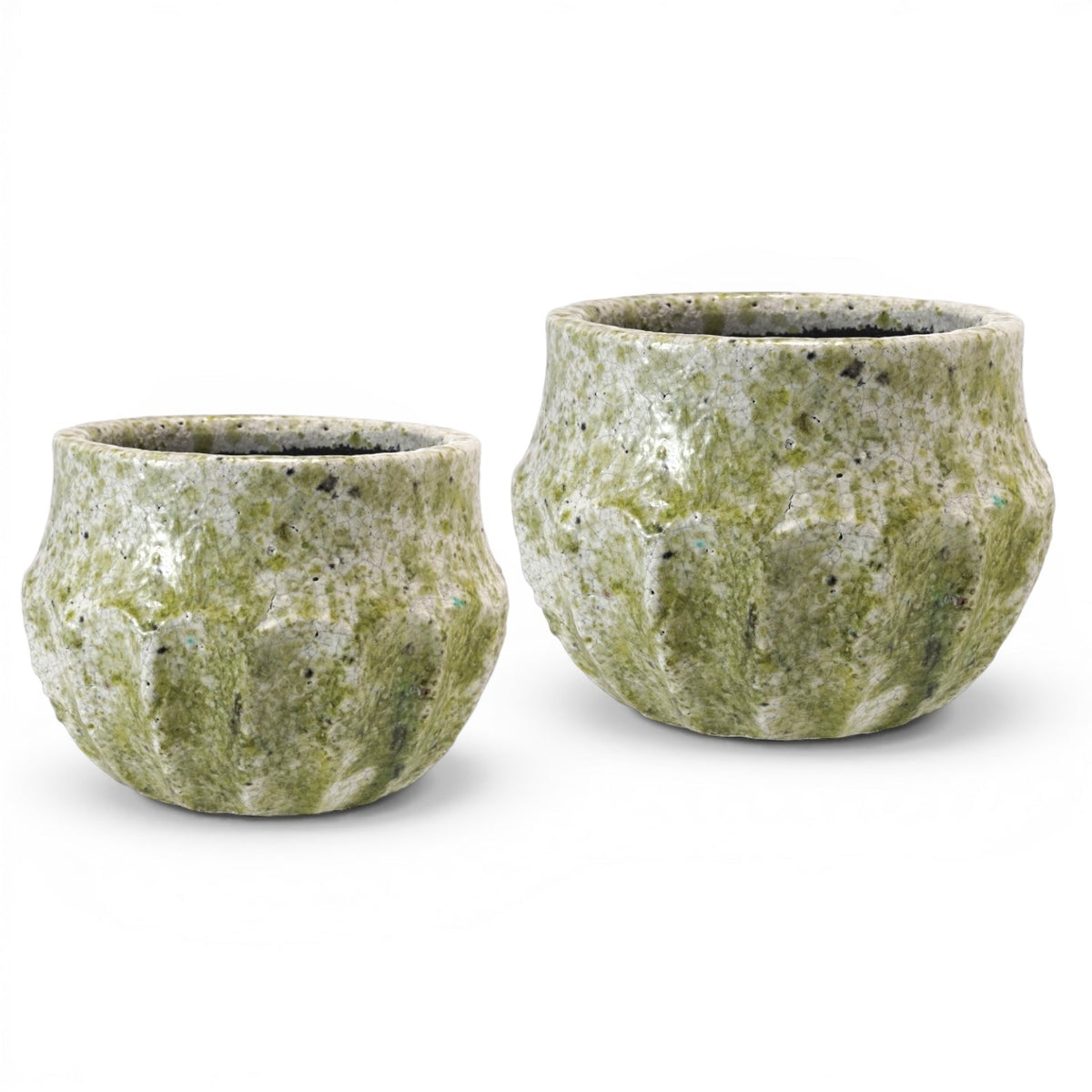 Two small textured stone planters with a mottled green and beige granite-like finish, shown on a clean white background.