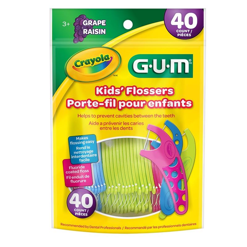 Crayola GUM Kids' Grape Flavor Dental Floss Picks, 40 Count, fluoride-coated flossers with easy-grip colorful handles for children ages 3+, yellow package.