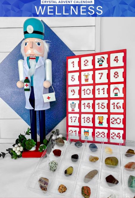 Wellness & Health Crystal Lover’s Advent Calendar with 24 tumbled healing crystals, gemstone countdown gifts, spiritual wellness stones and festive nutcracker holiday display.