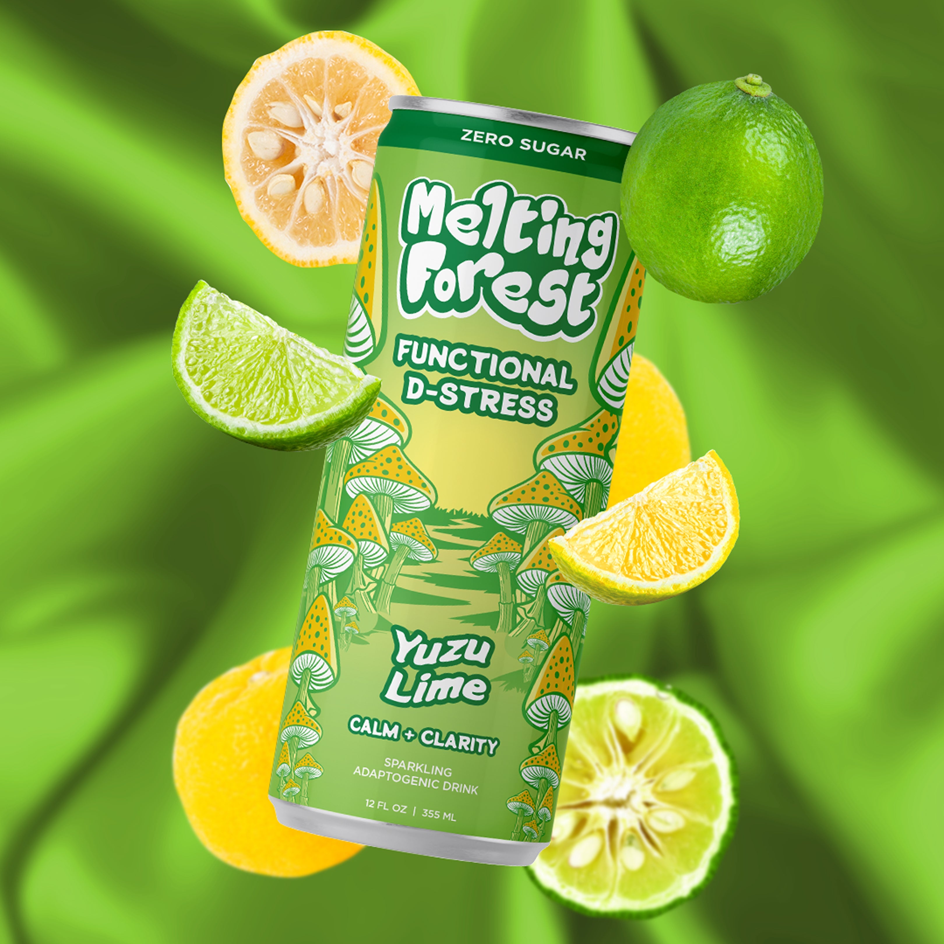 Melting Forest D-Stress Yuzu Lime functional drink can, zero sugar, non-alcoholic vegan sparkling adaptogenic beverage with yuzu, lime and citrus fruit, green botanical mushroom-inspired packaging on vibrant tropical green background