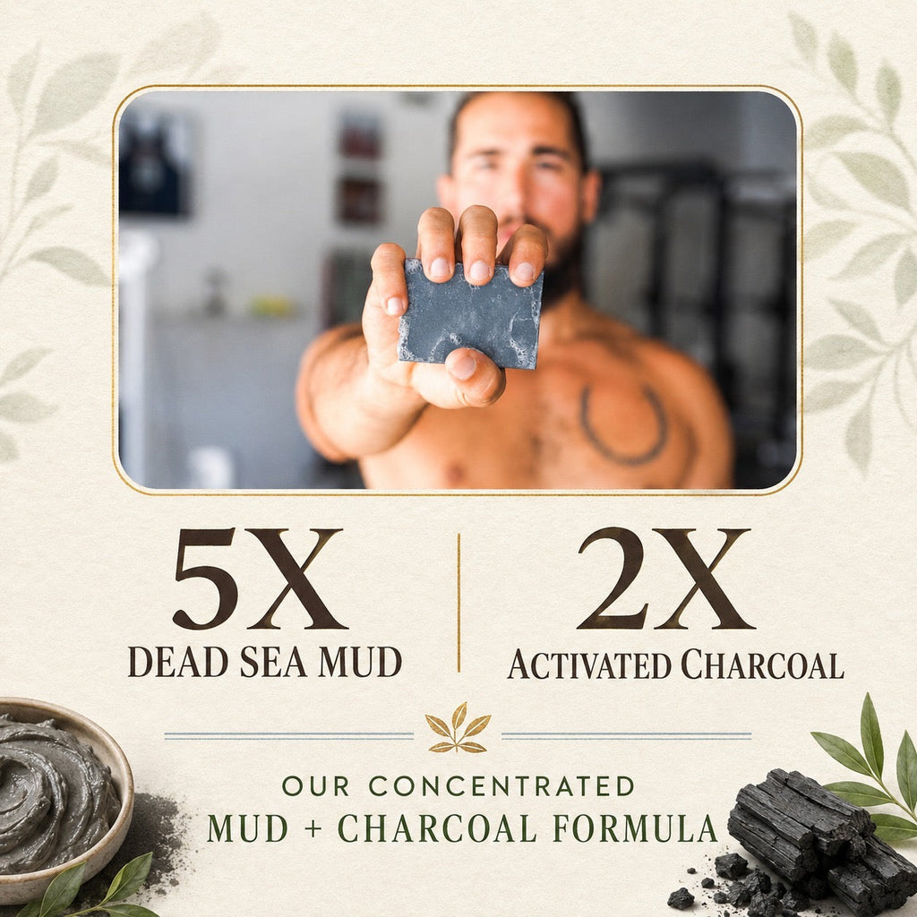 A promotional graphic for a mud and charcoal formula, featuring a man holding a bar of soap in a photo inset, with text reading '5X Dead Sea Mud' and '2X Activated Charcoal' on a beige decorative background with botanical borders.