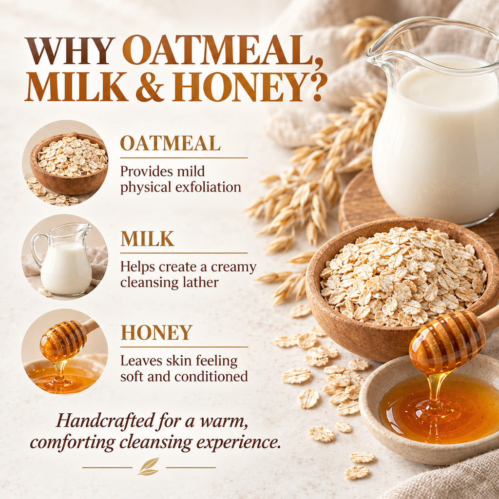 Promotional graphic for a cleansing product featuring oatmeal, milk, and honey. The design includes text reading 'WHY OATMEAL, MILK & HONEY?' with three circular inset images and descriptive copy.