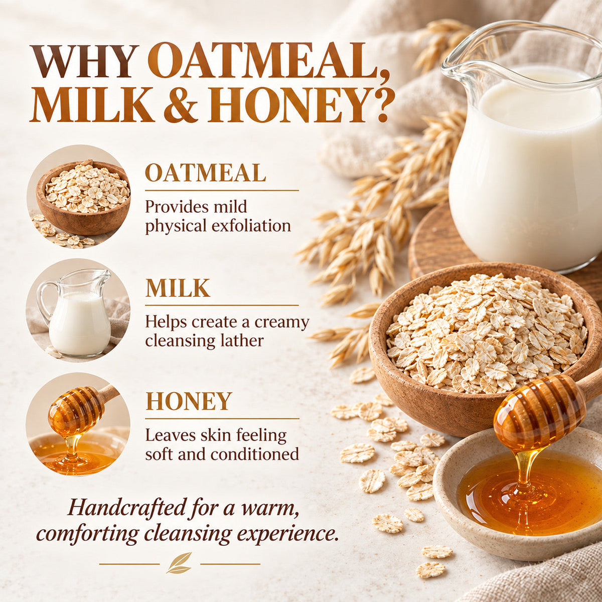 Promotional graphic for a cleansing product featuring oatmeal, milk, and honey. The design includes text reading 'WHY OATMEAL, MILK & HONEY?' with three circular inset images and descriptive copy.
